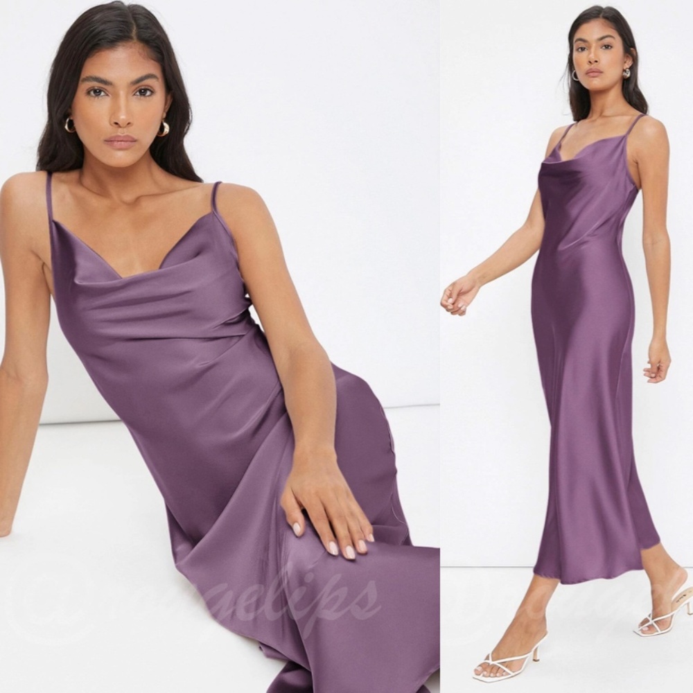 Purple Satin Cami Dress Midi Adjustable Spaghetti Straps